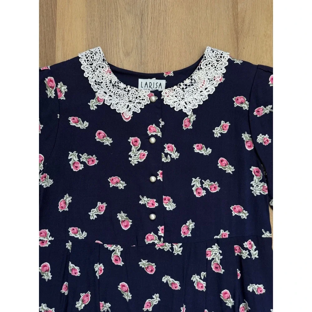 Vintage Floral Midi Dress Navy Pink Lace Collar Pearl Buttons cottage prairie